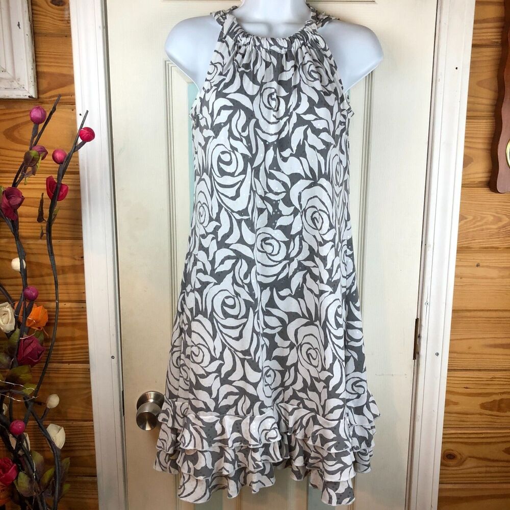 MSK Small Oscar Sequins Floral Halter Style Ruffle Dress Grey & White S